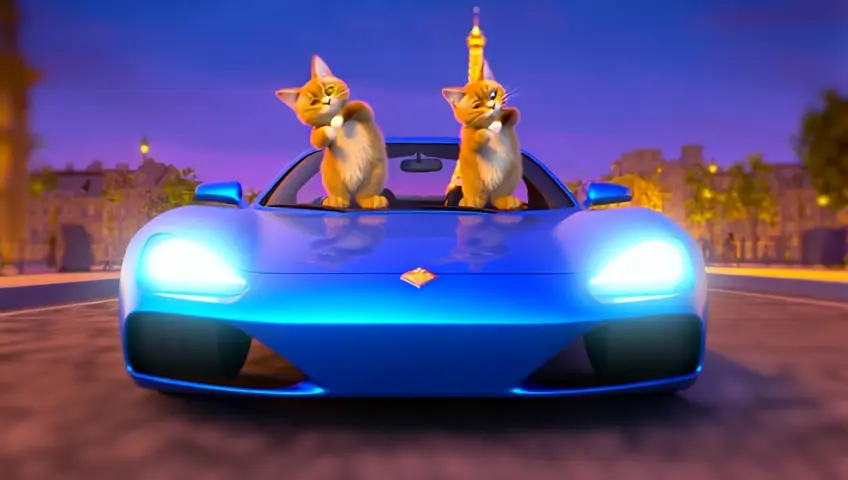 A hyper-realistic 3D render of a sleek metallic blue convertible driving along a cobblestone street in Paris, with the Eiffel Tower glowing brilliantly in the background. The car is in motion, with the headlights on and subtle motion blur on the wheels, creating a dynamic sense of movement. Inside, two fluffy kittens are standing upright: the white kitten, with sparkling blue eyes, waves energetically with one paw while holding onto the dashboard for balance. The orange kitten, equally fluffy, waves confidently with one paw while glancing toward the viewer, radiating charm. Parisian streetlights illuminate the scene, enhancing its vibrant and magical atmosphere.