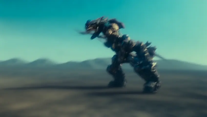 Giant monster robot on the desolate planet fighting robot dragon wide angle shot of the battle cinematic shot of destruction. Hyper speed shot of landscape leading to battle