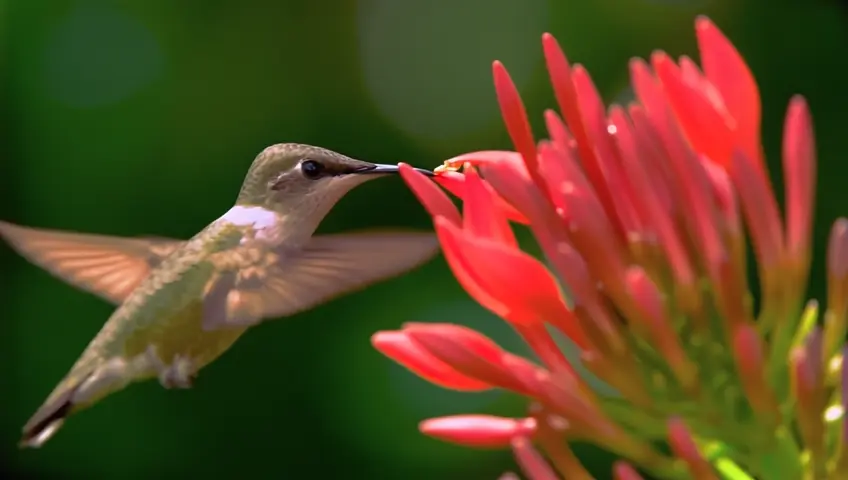 Hummingbird flying into red flowers for feeding