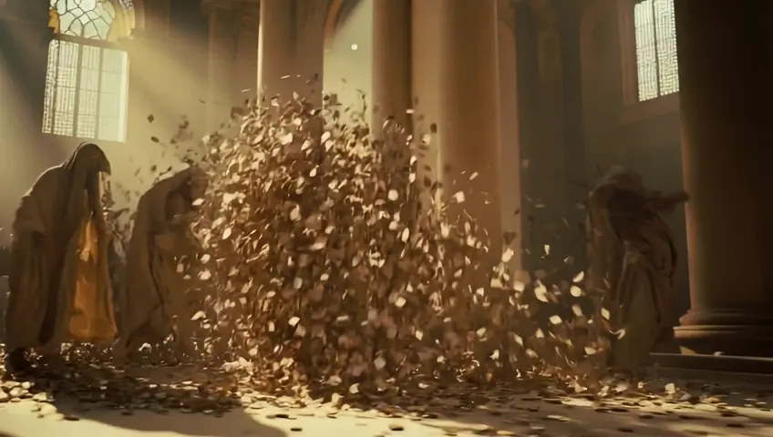 Jesus whips the merchants in the temple and drives them out, turning their things upside down