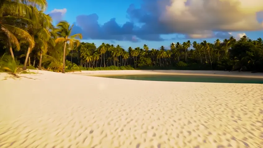 Beachfront:
"Imagine a crescent-shaped beach with soft, powdery white sand that sparkles faintly under the golden sunlight. Coconut and palm trees line the edges, their green fronds swaying in the breeze, casting soft, dappled shadows on the ground. The entire beachfront is untouched, with no footprints or signs of human activity, giving it a peaceful, secluded atmosphere."