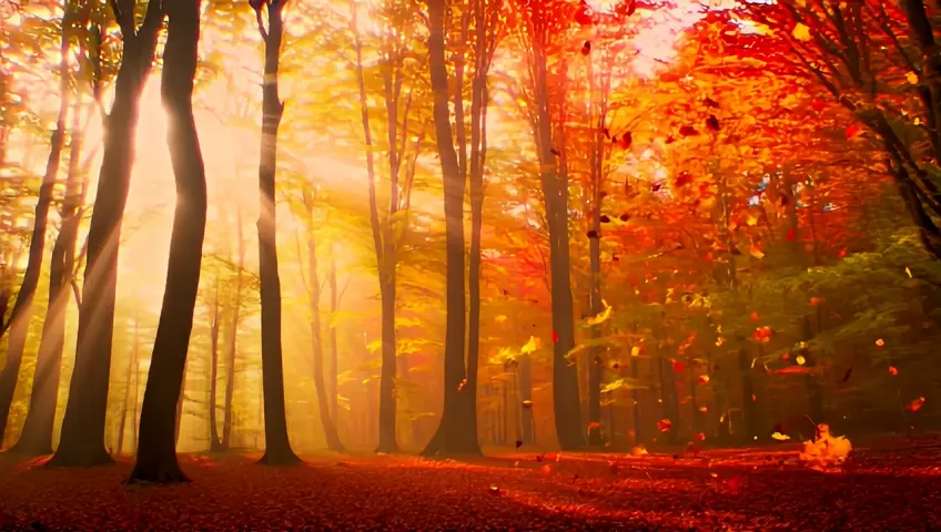 imagen antigua de un bosque precioso en otoño, con las hojas de los árboles cayendo