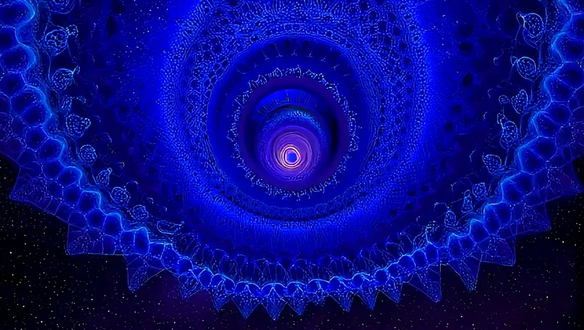 Create a mesmerizing geometry of fractals devouring  a neon forest with galaxies in the background. Have matrix like fractals shower the page, we spiral into an infinite fractal that never ends