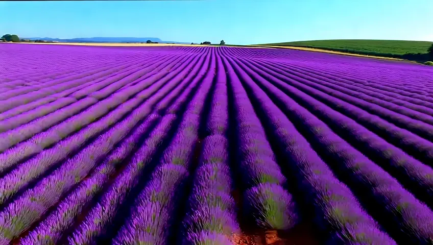 An aerial shot of a lavender field in full bloom, rows of purple stretching to the horizon. The camera flies over, capturing the symmetry and color
