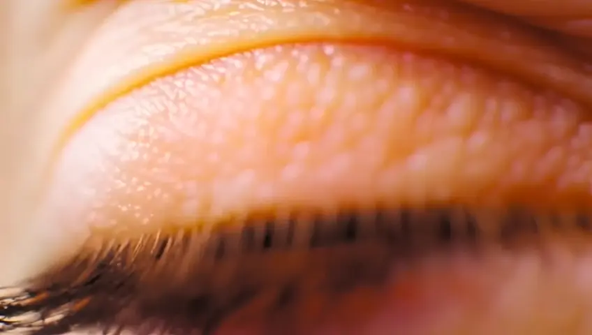 A close-up shot of an eye opening to reveal a reflection of a landscape within. The camera focuses on the details and symbolism