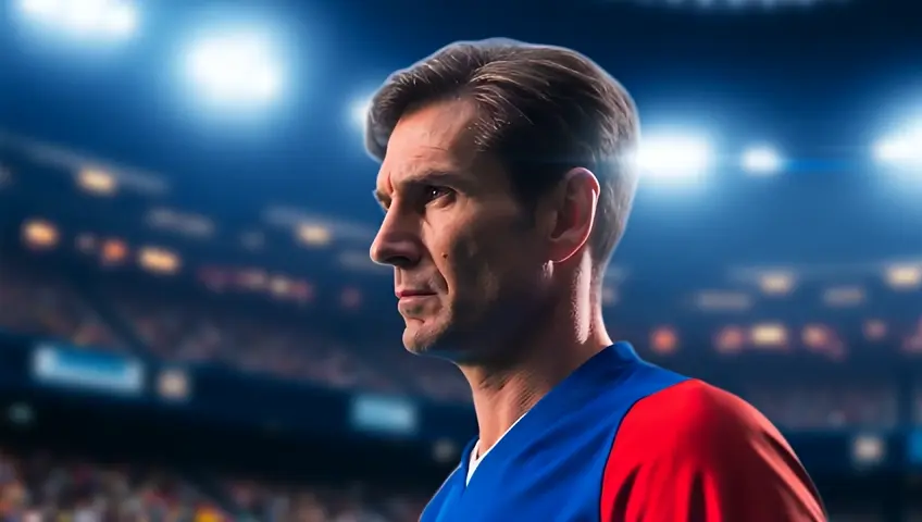 Com a conquista da Copa do Mundo em 2022, Lionel Messi finalmente alcançou o ápice de sua carreira, realizando um sonho que acompanhou desde a infância em Rosario. A euforia não era apenas sua, mas de todo um país que sempre esperou por esse momento. Messi não só provou sua grandeza, mas também mostrou ao mundo que perseverança e paixão podem superar qualquer obstáculo.

Após a vitória no Catar, a vida de Messi passou por uma nova fase. A aclamação global reafirmou seu status não apenas como um atleta, mas como um ícone cultural. Ele foi recebido como um herói em sua terra natal, com paradas emocionantes e homenagens que evidenciaram o impacto que ele teve no futebol e na identidade argentina. A cada momento que compartilhava com seus fãs e sua família, tornava-se evidente que sua conexão com sua nação era inquebrantável.

A trajetória marcada por conquistas e desafios."	A close-up shot of a male soccer player in his mid-30s, with short black hair, deep blue eyes, and a strong jawline, standing on a soccer field under the stadium lights. He is wearing a vibrant blue and red jersey, looking intensely focused as he gazes towards the goal. The atmosphere is electric, with blurred fans in the background, capturing the essence of high-stakes competition—ar 16:9