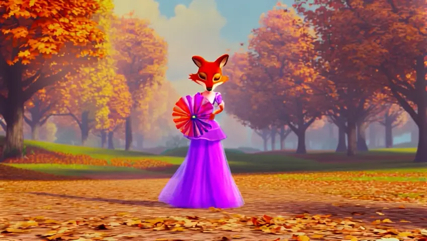 Cartoon beautiful fox in a dress dancing with a fan