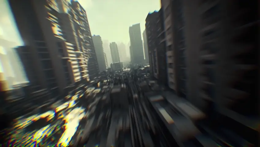 Imagine a first-person view (FPV) flight that takes you through a series of ever-changing, visually stunning locations. The journey begins in a dystopian, futuristic alien city, ravaged by the aftermath of a devastating war. The cityscape is filled with smouldering building remains, lifeless streets, and an overwhelming sense of chaos.

As you travel forward through the ruins, the dynamic motion of the flight is accentuated by motion blur and time-lapse photography, creating an ultra-high-speed experience at 30x speed. The cinematic effect enhances the sci-fi fantasy atmosphere, immersing you in a world that feels both surreal and captivating.

Throughout the flight, there are no visible drones or flying devices, maintaining the illusion of a seamless, free-flowing journey through this post-apocalyptic landscape.