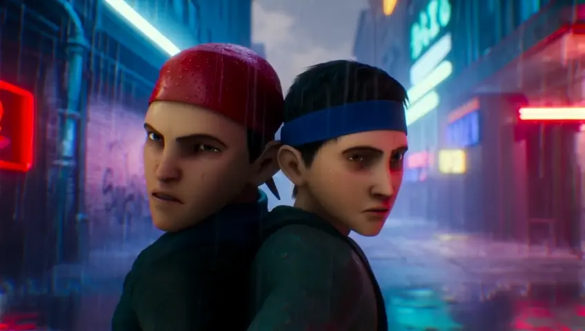 "A cinematic 5-second 3D video inspired by Double Dragon, reimagined as an intense, action-packed modern martial arts film. The scene begins in a dimly lit, rain-soaked alleyway surrounded by flickering neon signs and graffiti-covered brick walls. Two brothers, one wearing a red bandana and the other a blue headband, stand back-to-back, fists raised, facing off against a group of thugs armed with chains and bats.

The action unfolds in slow motion as the brothers launch into synchronized attacks: one delivers a spinning roundhouse kick, sending an enemy flying into a pile of crates, while the other executes a powerful uppercut that knocks a bat-wielding thug off his feet. The camera dynamically pans around, capturing every strike and impact, with rain droplets scattering from each blow. Sparks fly as a chain strikes a nearby metal pole, and the scene is illuminated by flashes of neon light reflecting off the wet pavement. The sound of punches, grunts, and the distant hum of city life fills the air, accompanied by an intense, bass-heavy action soundtrack. The atmosphere blends gritty realism with the adrenaline-fueled energy of a classic arcade brawler."