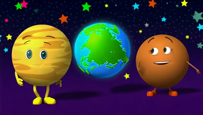 cute cartoon 3d planet jupiter with earth and mars dancing in the space