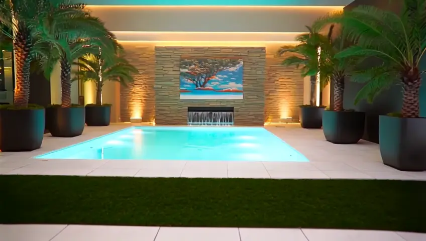 a stunning indoor swimming pool area. The pool is small and rectangular, surrounded by a white tiled deck and artificial green turf. Large potted plants, including palm trees and ferns, are strategically placed around the pool area.

A stone wall with a built-in fireplace serves as a focal point, with large ocean-themed photographs or paintings hanging on it. The space is illuminated by soft lighting, creating a warm and inviting atmosphere.

The pool water is crystal-clear with a light blue-green hue, and a small waterfall feature adds a soothing element. The entire space is meticulously clean and well-maintained, exuding luxury and exclusivity.

This indoor pool area perfectly blends natural elements with high-end design, creating a serene and opulent retreat within a home