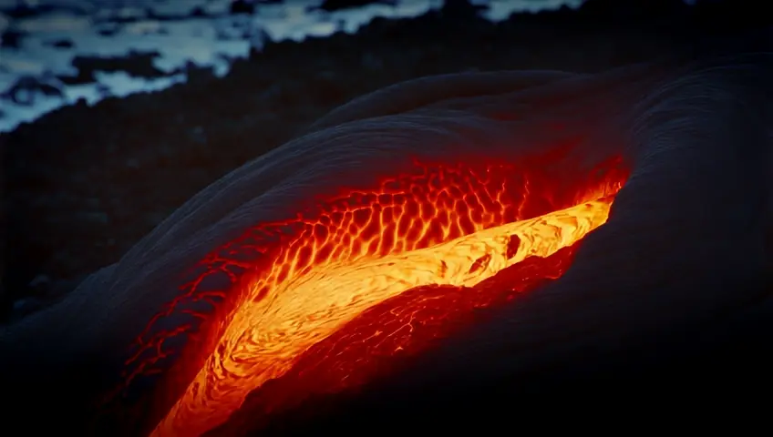 "A dramatic close-up view of molten lava fissures glowing intensely with fiery red and orange hues, radiating heat and energy. As the scene progresses, the lava begins to cool and crack, emitting steam and frost. The transformation intensifies as the fiery fissures rapidly freeze, turning into glimmering blue ice with intricate crystalline textures. The once molten cracks are now solid, shimmering with an otherworldly icy glow, set against the stark, frozen environment.