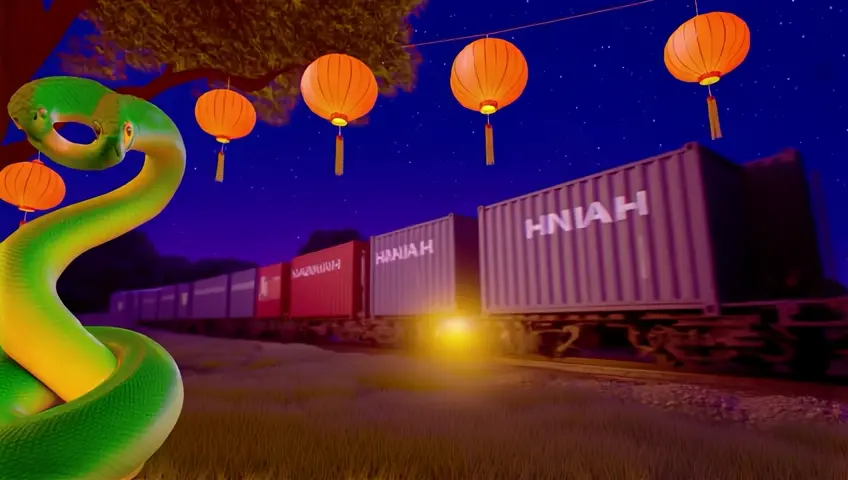 In the style of the Chinese New Year, Chinese lanterns, green snake, added logistics theme: train with containers, the containers are labeled HANNAH