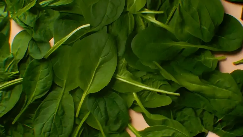 Fresh green spinach leaves on beige background. Healthy food, diet and detox concept. Flat lay, top view, copy space Everything is moving a little bit