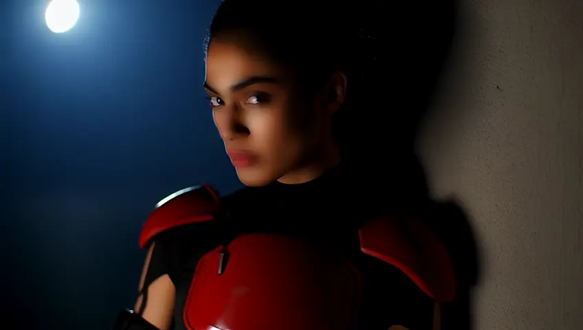 close-up, a toned, athletic, age 25, latina-italian woman wearing tactical outfit with red armor, skillfully climbs a wall, midnight, moonlight