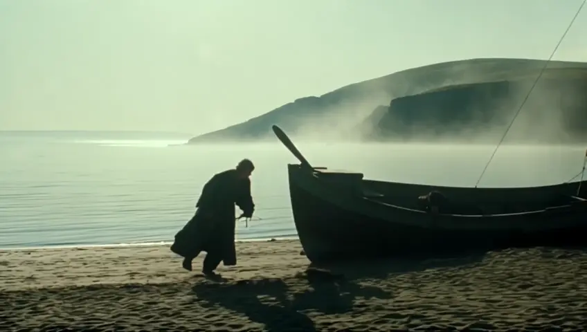 Cinematic hyper-realistic, super-detailed view that shows the overall view of the picture. The action takes place on the White Sea coast at the beginning of the XVI century. In the morning, a small fishing boat with a single mast in the middle stands on a deserted seashore, half-launched.Two people load it with luggage