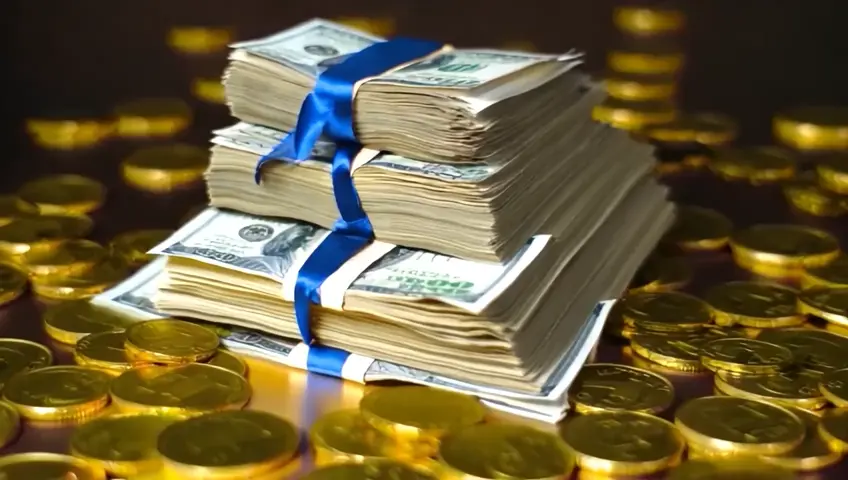 The image depicts a large stack of gold-colored currency notes, specifically 100-dollar bills, arranged in a pyramid shape. The notes are bound together with blue ribbons, and the stack is placed on a surface that appears to be a table or a counter. Surrounding the stack are numerous gold coins, some of which are stacked on top of each other, while others are scattered around the base of the stack.  16:9 ultra premium quality 8k