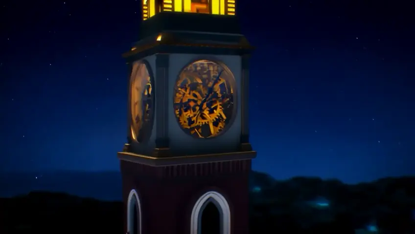 A close-up shot of a clock tower as its hands strike midnight, gears turning inside. The camera focuses on the mechanical intricacy and passage of time