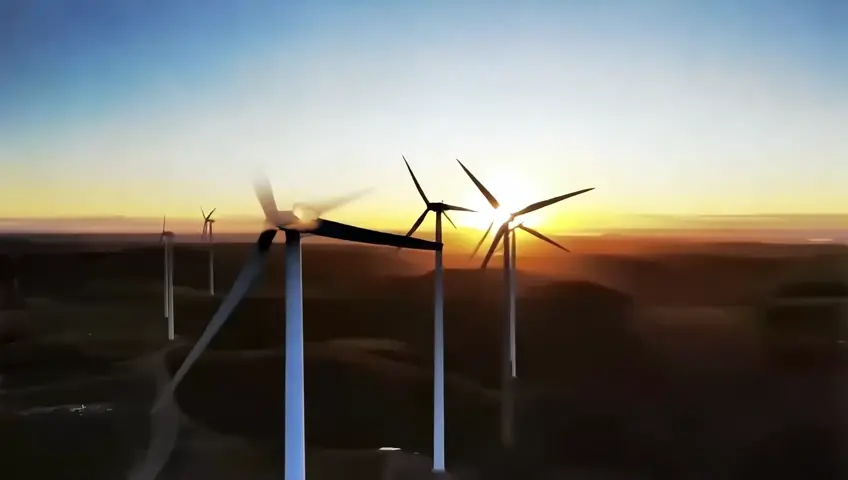 Aerial footage of wind farm by sunrise with wind turbine, which rotors by spin momentarily concealing the sun and causing a fascinating play of light and shade.