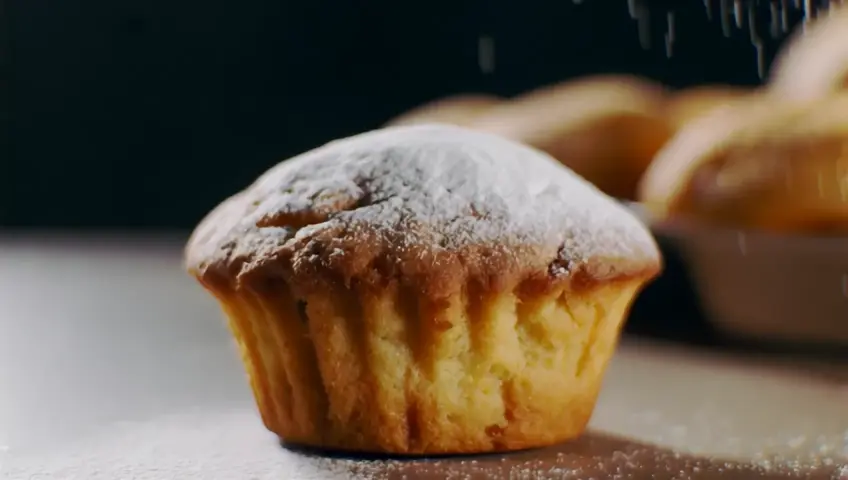 The muffin is powdered by sugar. Video of cooking and decorating process.