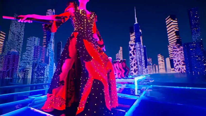 Foreground: A striking model wearing a deconstructed flamenco dress—ripped layers of vibrant red and black fabric adorned with LEDs, holding a long cigarette holder like a prop.
Middle ground: Eccentric male and female models walking down a glowing runway, their outfits merging 70s Motown flared styles with cyberpunk accessories like glowing visors.
Background: A sprawling futuristic cityscape with skyscrapers covered in kaleidoscopic, animated graffiti that moves like a jazz rhythm.