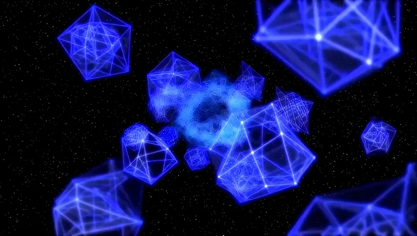 cosmic space scene with geometric wireframe translucent  platonic solids coming towards the viewer! looping! in hd 1080p