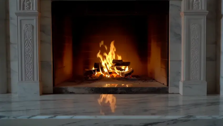 Marble Fireplace with burning fire, still frame