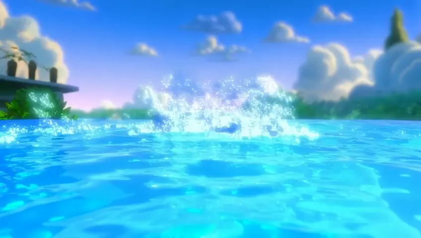Start with an underwater scene with bubbly water effects.
Show a playful, cartoon-style blue shark splashing in a tub filled with water and bubbles.
Include a smiling human character (childlike or adult) joining the shark in an inviting bathroom setting.
Key Action: Shark excitedly jumping into the tub with a "splash" effect.