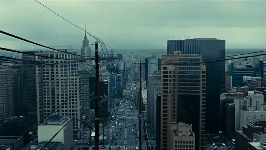 The camera pans up from the busy city street. The sky is a dull gray, with tall buildings stretching in every direction. The distant hum of traffic fills the air.

[Mid Shot: Bird Struggling]
A small bird flutters frantically, its wings tangled in a web of electrical wires high above the street. Its tiny body jerks as it tries to free itself, but the wires tighten around its feathers. The bird chirps desperately, its beak opening in distress.

[Close-Up: Bird’s Wing]
The camera zooms in—one wing is tightly wrapped in the cables, preventing it from moving. The bird flaps harder, its feathers ruffling in frustration. Sparks flicker slightly as the wires shake.

[Wide Shot: City Below]
Below, cars rush by, and people walk along the sidewalks, unaware of the struggling bird. The wires sway slightly with the bird’s movements, but the entanglement remains firm.

[Extreme Close-Up: Bird’s Eye]
The bird’s eye reflects the bustling city below. Its breathing is quick, panic setting in. It gives one last desperate flutter but fails to escape.