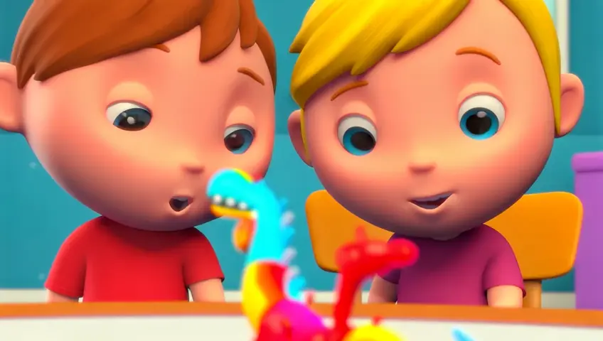from close close oshort going top slowly  showing A group of cartoonish children looking at dinosaur books and playing with dinosaur toys.cartoon style,Use vibrant ,right, colorful visuals that appeal to children.
Keep the animations simple and engaging.