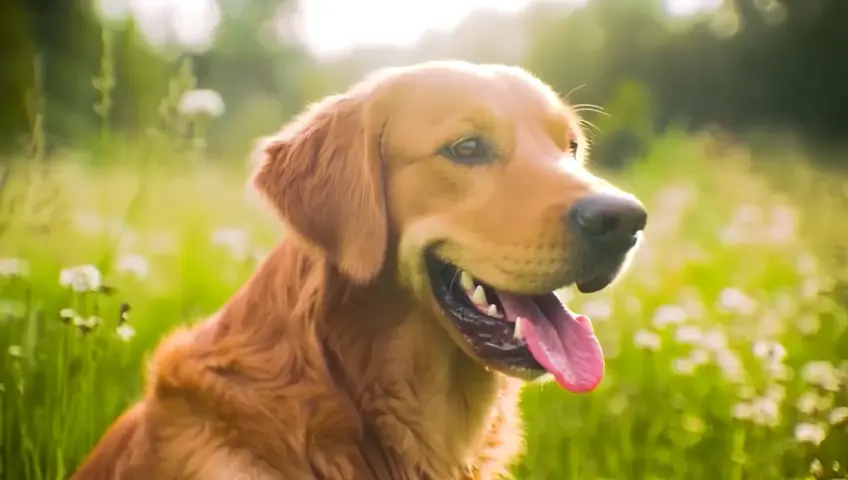 a golden retriever running through grass.