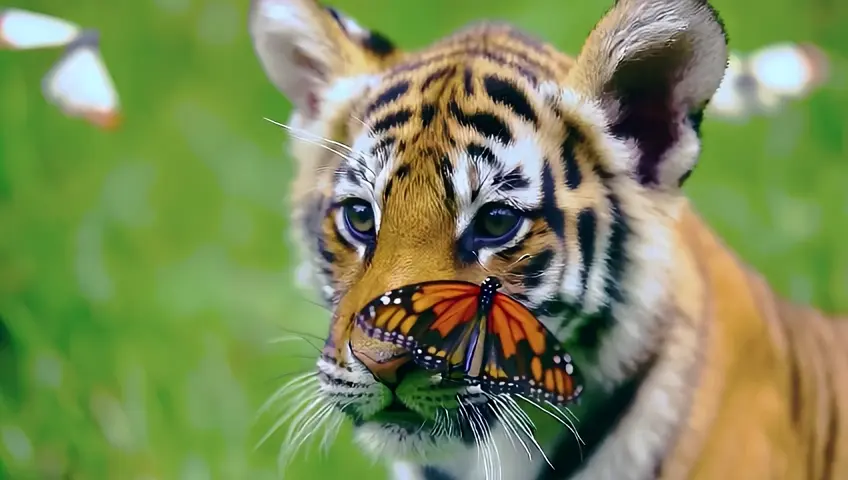 Close-up with smooth camera movement: A tiger cub sits in a picturesque green meadow, surrounded by gently fluttering butterflies. The camera tracks one butterfly as it slowly flies towards the cub and delicately lands on its nose. The tiger cub looks at it with a curious and surprised expression, slightly twitching its ears. Real-time action: Every movement of the butterfly and the cub's reaction happens smoothly and naturally, creating a lifelike moment. Lighting: Soft daylight enhances the scene's realism, highlighting intricate details like the cub’s fur texture and the butterfly’s wings. Camera: Shot on a full-frame (A7S3) with a 35mm lens, ensuring cinematic sharpness and depth.