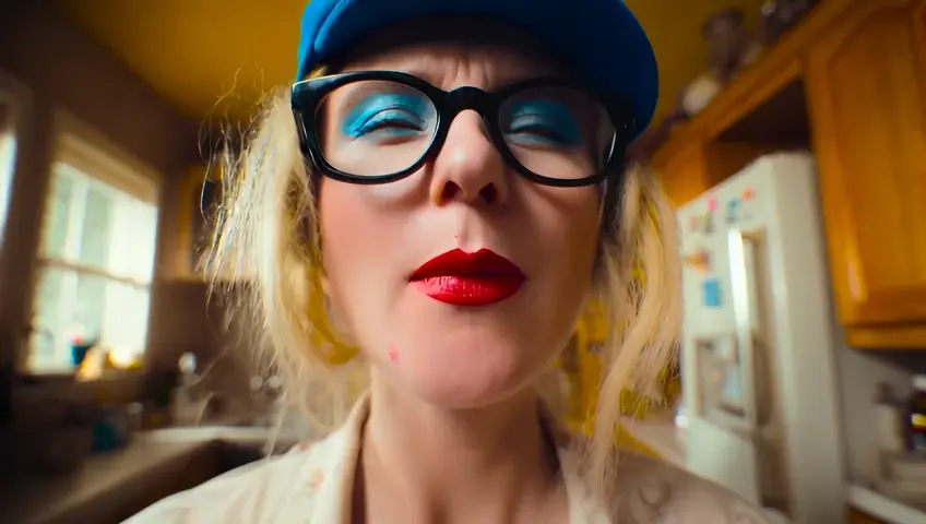 Medium close up. Low-angle shot. A woman with blue shadows on her eyelids, and red lipstick, and piercings and tattoos and a blue cap. She has messy blonde hair and nerdy glasses. She blows pink bubblegum in an old dirty 1950s American kitchen. Warm light. The person blows bubblegum bubbles. One pops, sending tiny fragments flying. The camera zooms in on the popping bubble, capturing the intricate details.