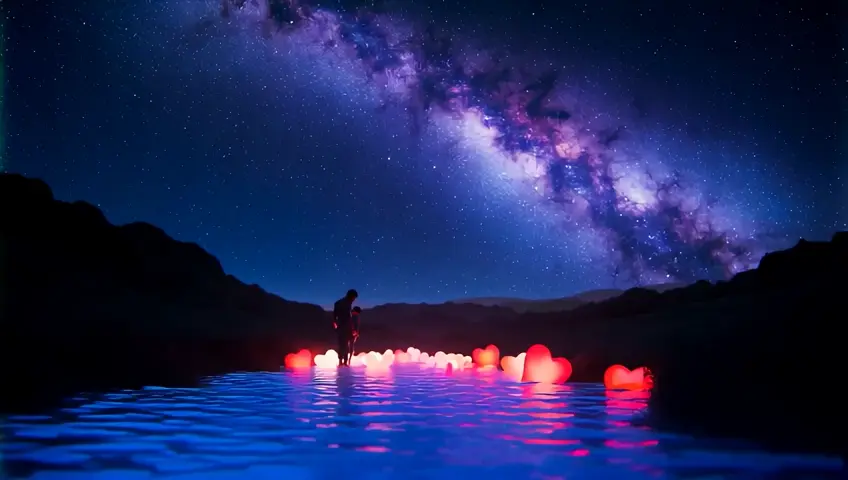 Prompt: A surreal image of a river flowing between the stars, and instead of water, it carries glowing heart-shaped lights. The couple stands at the river’s edge, watching as the lights float past, representing their love filling the universe. Their silhouettes stand out against the dreamy celestial background, making the moment feel both magical and eternal