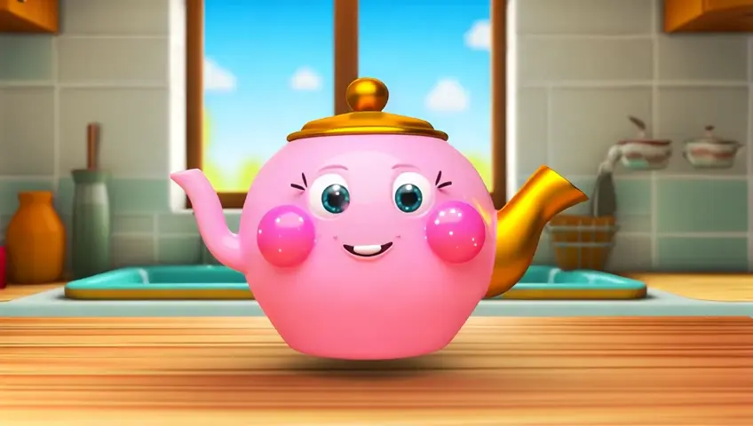 Scene 1: Introduction
Character: A small, chubby teapot with a cute smiling face, round cheeks, and big sparkly eyes. The teapot has a pink body with a golden handle and spout.
Background: A bright and colorful kitchen with a wooden counter and a window showing a sunny sky.
Action: The pink teapot is standing proudly on the kitchen counter, looking happy and excited.
Style: Fun and animated with vibrant, attractive colors