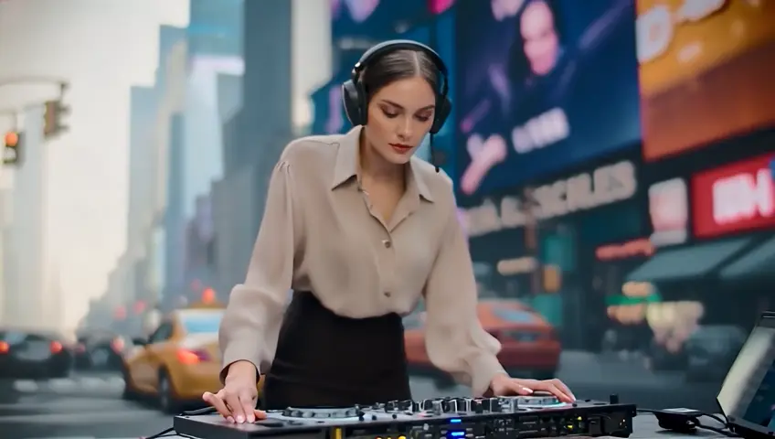 A 20-year-old European female DJ with a pretty and gorgeous face is seen DJing on a busy street in New York early in the morning when no one is around. This is an idol fashion skirt and blouse fashion, a full body video wearing headphones, and a full body video showing a slim body and legs. ultra realistic,, realistic photography,