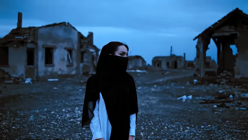 a woman with a veil mask in black and white clothes stands in a deserted village and looks into the distance. old houses destroyed by war can be seen in the background. the sky is blue but gloomy.