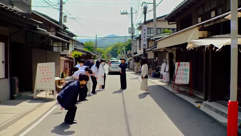 "Una escena cotidiana en Atsugi mostrando a personas interactuando en un ambiente respetuoso de la distancia personal. En el primer plano, se ve a un grupo de amigos saludándose con una reverencia en lugar de un abrazo, y en el fondo, se observa a un par de personas en una conversación respetuosa, manteniendo una distancia cómoda. La imagen debe transmitir la importancia del respeto por el espacio personal y las normas sociales japonesas, con un enfoque en la cortesía y el comportamiento adecuado."