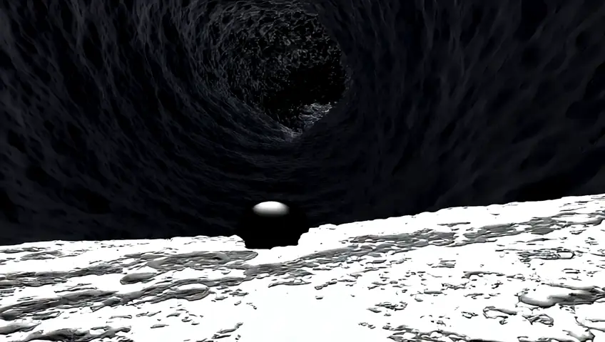Animación 3D de una gota  negra de petróleo formándose en el fondo de la tierra, la gota empieza a  elevárse a través de las capas geológicas hasta llegar al cielo