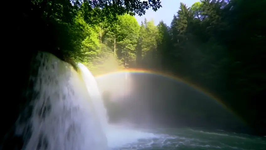 A wide-angle shot of a rainbow forming over a waterfall in a lush forest. The camera moves to capture the interplay of water and light.