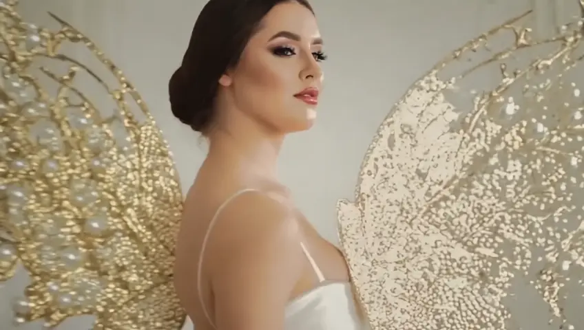 Hermosa vailarina  con vestido largo ,blanco  e intrincadas alas blancas muy largas doradas con adornos de perlas blancas ,bailando elegantemente y mueve sus alas