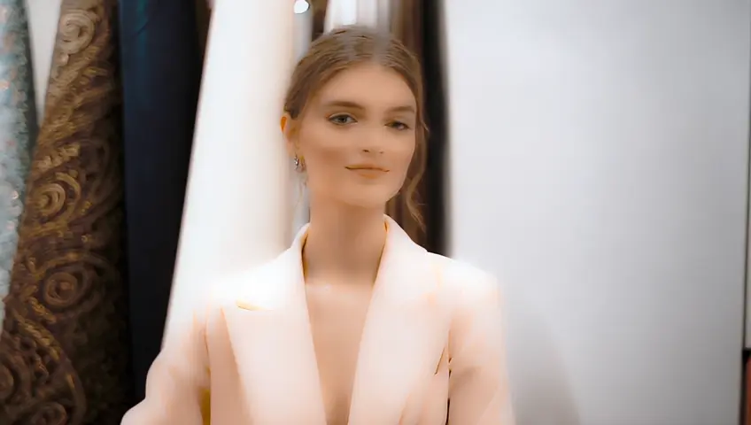 Western white beautiful young girl showing Fabric in exhibitions