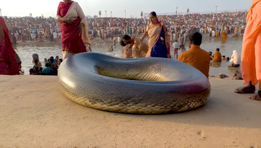 In kumbh mela people are taking bath but a great biggest snake is also there