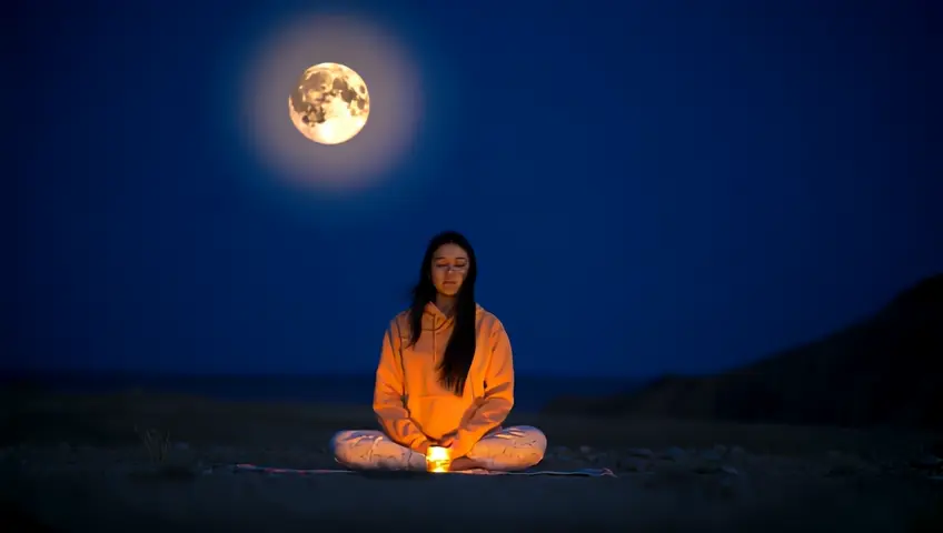 meditation, girl, tibet, moon, lights, spiritual