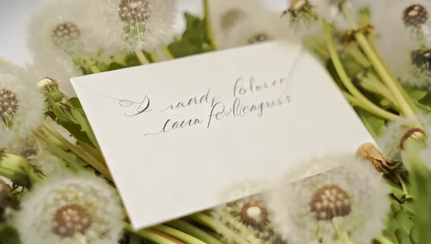 An envelope with the inscription "Dandelion flowers and feelings" and around the flowers
