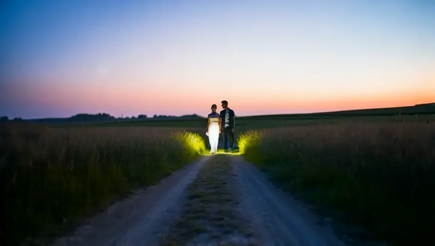 "A symbolic pathway scene where a couple walks hand-in-hand along a gently lit path, with each step illuminated by a warm, golden glow. The sky above transitions from the soft pinks of dawn to the twinkling of early stars, representing hope, new beginnings, and the endless journey of love. The imagery should evoke feelings of security and mutual trust."