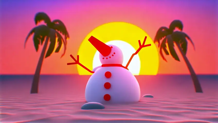 a loop of a retro pixelated video game of a snowman melting at the beach sunset