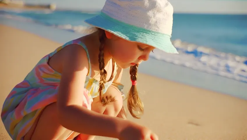 Little girls, age 7 years old, beachwear, bare feet, crouching, pigtails,