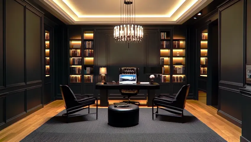 "A luxurious dark-themed executive office with black paneled walls and built-in bookshelves with warm lighting. A black desk with a laptop and decorative lamps sits at the center, with a black leather swivel chair behind it. Two black wingback chairs face the desk, with a dark textured rug underneath. Two round leather ottomans serve as coffee tables. A grand chandelier with exposed bulbs hangs from the ceiling, adding elegance. The wooden floor contrasts with the dark decor."
