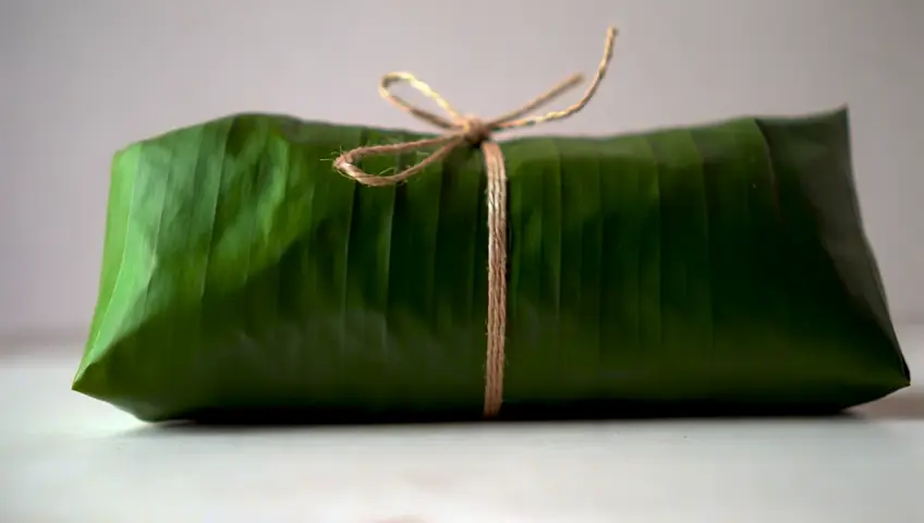 Un nacatamal nicaragüense tradicional, envuelto en hojas de plátano verdes, con las hojas atadas cuidadosamente con hilo de cocina, mostrando su forma rectangular característica. Sin fondo.